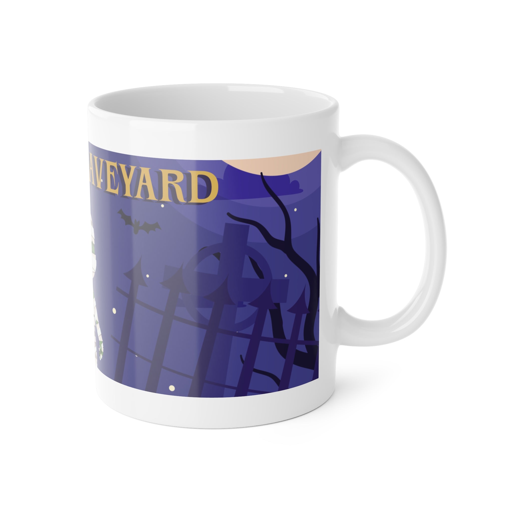 Creepy Graveyard Halloween | Mummy, Tombstone, and Full Moon | White Ceramic Mug